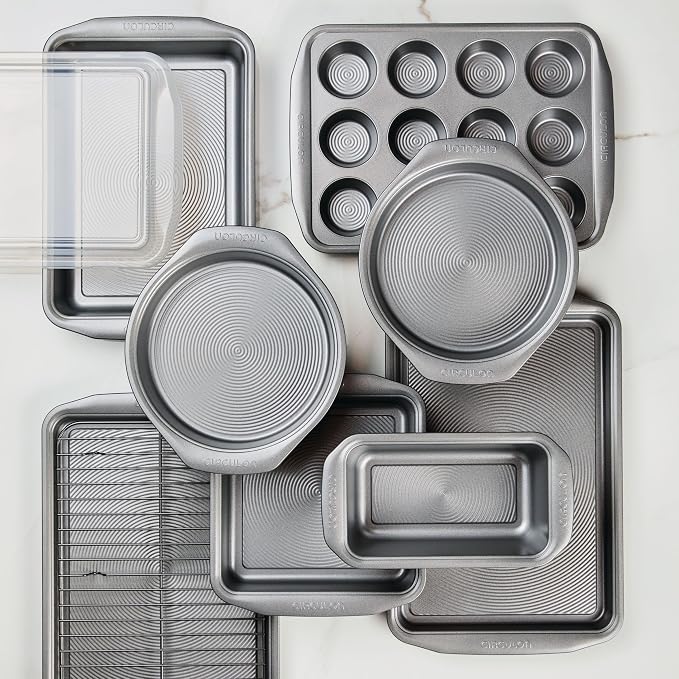 Circulon Nonstick Heavy Gauge Steel Bakeware Set with Rolled Pan Edges Loaf Pan, Cookie Pan, Baking Pans, Cake Pans, Muffin Pan and Cooling Rack (10-Piece, Gray)
