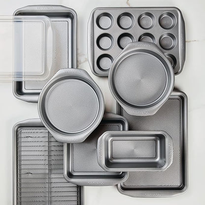 Circulon Nonstick Heavy Gauge Steel Bakeware Set with Rolled Pan Edges Loaf Pan, Cookie Pan, Baking Pans, Cake Pans, Muffin Pan and Cooling Rack (10-Piece, Gray)