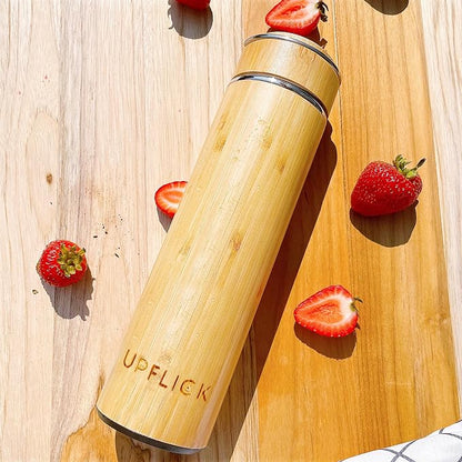 Bamboo Tea Tumbler with Infuser for Loose Tea 17 oz 25 unit Leak Proof, Double Wall, Wide Mouth, Vacuum Insulated, Ecofriendly Stainless Steal Insulated Bottle