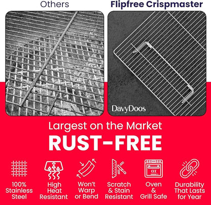 Flip-Free Crispmaster 1st Ever 4-Inch Elevated Roasting, Baking, and BBQ Rack for 360° Heat Stainless Steel Wings, Fries, Chicken, Veggies, Turkey for Oven, Grill, or Smoker 17” x 13”
