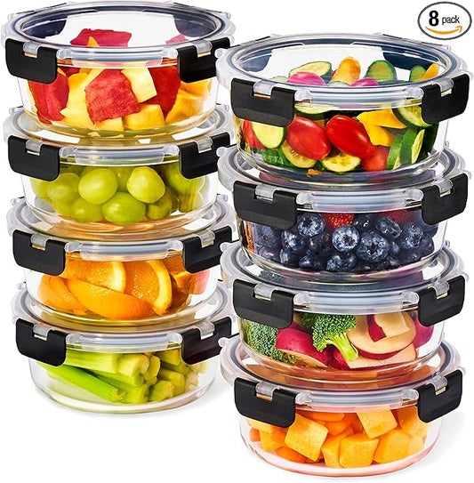 Sorbus Glass Meal Prep Containers Set – 8 Round 32oz Containers with Airtight Lids – Freezer, Dishwasher, Oven Safe – Reusable Food Storage Bowls