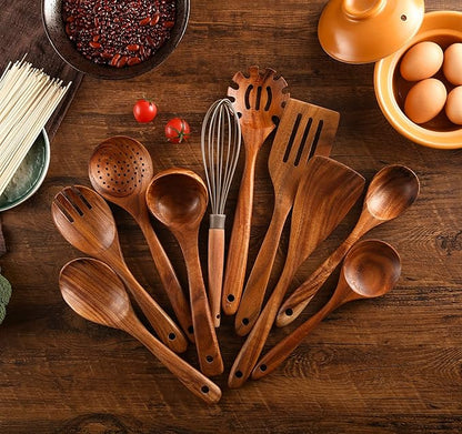 11Pcs Wooden Cooking Utensils Set, Teak Wooden Spoons for Cooking, Comfort Grip - Sturdy - Non Stick Wooden Spatulas for Stirring, Cooking, Kitchen Utensils Set with Stainless Holder