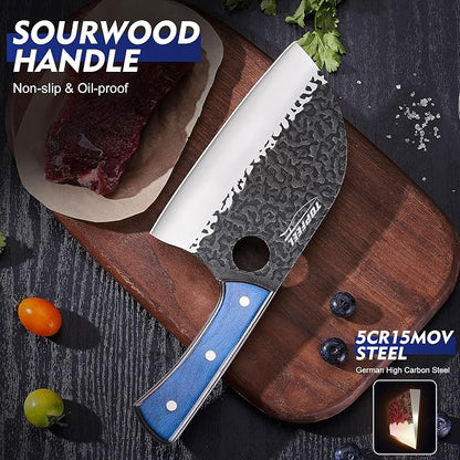 6.8Inch Serbian Chef Knife- Butcher Knife Meat Cleaver Set for Cooking, Chopping. Kitchen Knives with Leather Sheath for Home, Camping, BBQ