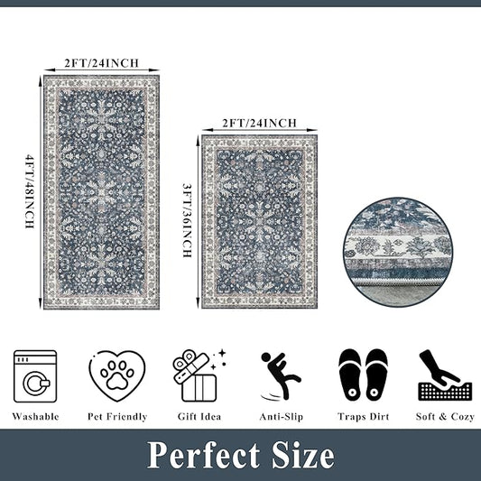Kitchen Mats Set of 2 Washable Non-Slip – Soft Low Pile Boho Decorative Runner Rugs for Kitchen Floor, Sink & Stove, Kitchen Decor (Blue, 2x3+2x4)