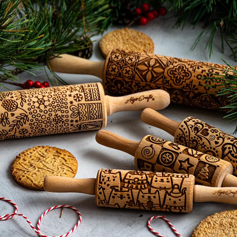 GOLDEN DAISIES Embossing Rolling Pin with Ornamental Bloom Pattern – Dough and Clay Roller for Embossed Cookies and Pottery - Cookie and Ceramic Stamp - Baking Gifts for Women by Algis Crafts