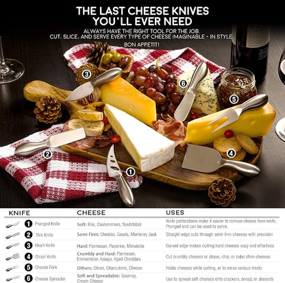 Lunar 6-Piece Cheese Knife Set - Premium Stainless Steel Cheese Knives Collection - Charcuterie Board Accessories Gift Ready w/ 15 Festive Recipes
