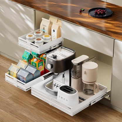 Pull Out Cabinet Organizer, Expandable Width 8"-13", Heavy Duty Metal Slide Out Drawers for Cabinets, Expandable Cabinet Pull Out Shelves for Kitchen, Pantry, Bathroom, White