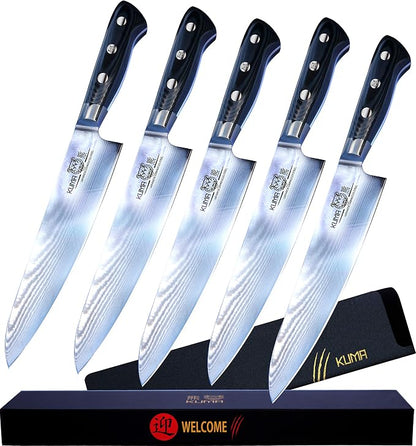 KUMA Professional Damascus Steel Knife8 inch Chef Knife with Hardened Japanese Carbon Steel - Stain & Corrosion Resistant Blade - Balanced Ergonomic Handle & Sheath – Safe, Easy Meal Prep - 5 Pack