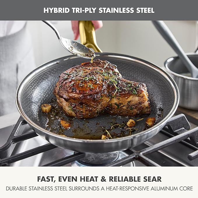 GreenPan Hybrid 6-Piece Frying Pan Set (8, 10, 12-inch Skillets with Glass Lids), Ceramic Nonstick with Tri-Ply Stainless Steel, Induction & All Cooktop Compatible, Dishwasher & Oven Safe, Gold