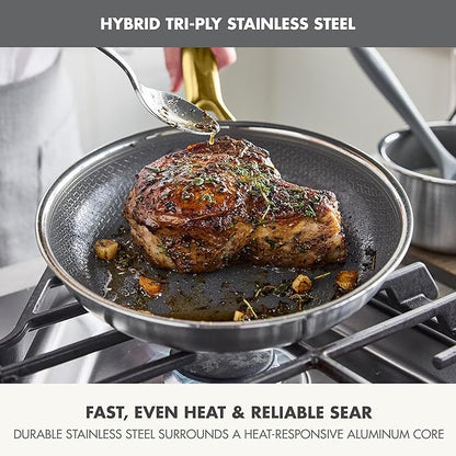 GreenPan Hybrid 6-Piece Frying Pan Set (8, 10, 12-inch Skillets with Glass Lids), Ceramic Nonstick with Tri-Ply Stainless Steel, Induction & All Cooktop Compatible, Dishwasher & Oven Safe, Gold