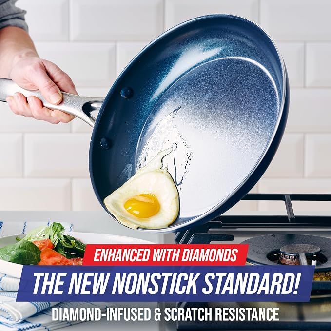 Blue Diamond Hard Anodized 8" 10" & 12" Diamond Infused Healthy Ceramic Nonstick Frying Pan Set, PFAS-Free, Stainless Steel Handle, Dishwasher & Oven Safe to 600F, Durable Cookware, Gray