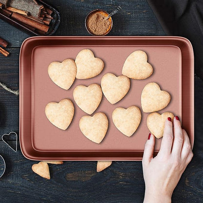 NutriChef Nonstick Cookie Sheet Baking Pan - 2pc Large & Medium Metal Oven Baking Tray, Professional Quality Kitchen Cooking Non-Stick Bake Trays w/ Rimmed Borders, Rose Gold