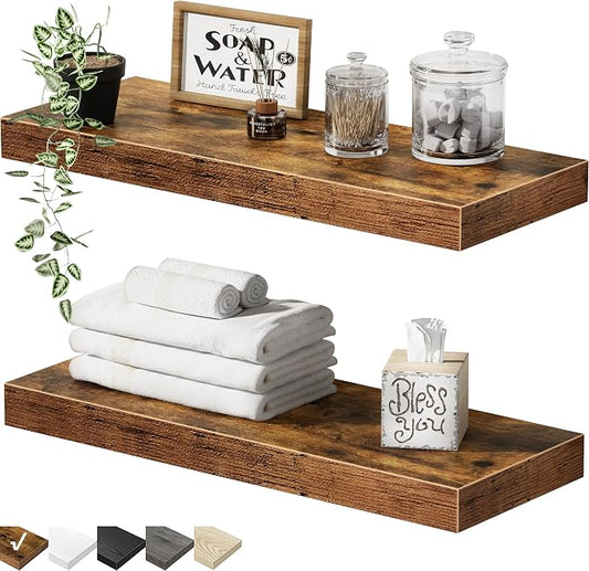 QEEIG Bathroom Floating Shelves for Wall - 15.7" Wall Mounted Shelf Over Toilet Farmhouse Home Decor Display Bookshelf Small 15.7 x 6.7 inch Set of 2, Rustic Brown (008-40BN)