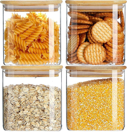 Glass Food Storage Containers with Lids 4 Pack, 4 Inch Wide Mouth 25 Oz High Borosilicate Glass Jars for Coffee Bean, Candy, Cookie, Flour, Square