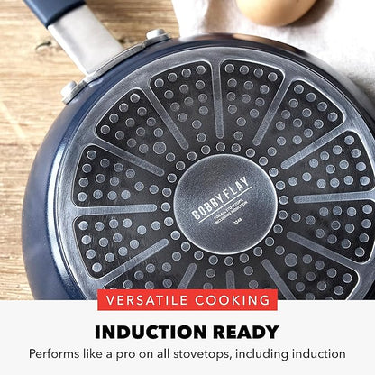 GreenPan x Bobby Flay 4.5QT Nonstick Saute Pan with Glass Lid, PFAS-Free Diamond Ceramic, Induction Suitable, Stay-Cool Silicone Handle, Easy Clean Dishwasher & Oven Safe, Navy Blue