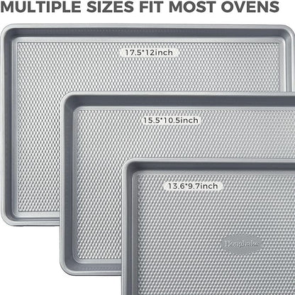 HONGBAKE Naturally Non Toxic Baking Sheet Pan Set of 3, Heavy Duty Aluminized Steel Cookie Sheets, Half/Quarter/Jelly Roll Pans with Textured Nonstick Surface, Free of PTFE & PFOA