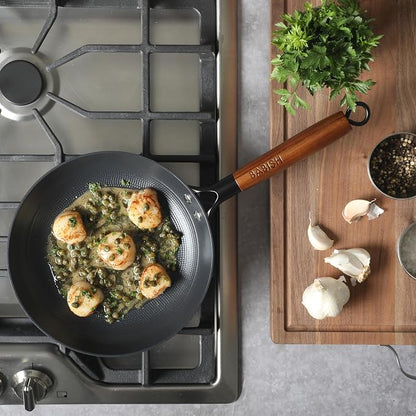 Babish 9.5 Inch Cast Iron Skillet with Wooden Handle, Pre-Seasoned Nonstick Pan with Honeycomb Textured Cooking Surface, Induction Oven Safe Skillet for Searing, Frying Eggs, Steak and Stir Fry