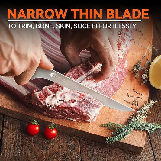 TUO Boning Knife, 6 inch Fillet Knife for Trimming Fat from Meat, Deer Skinning, Full Tang Handle, High Carbon German Steel, for Poultry Lamb Meat Cutting - Black Hawk Series