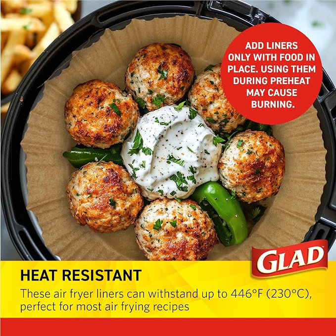 Glad Air Fryer Parchment Liners with Raised Walls, Nonstick, Heat Resistant to 446 Degrees F, Food-Grade, Round Shape for Round Air Fryer Baskets, 7.9" Diameter, 100 Count