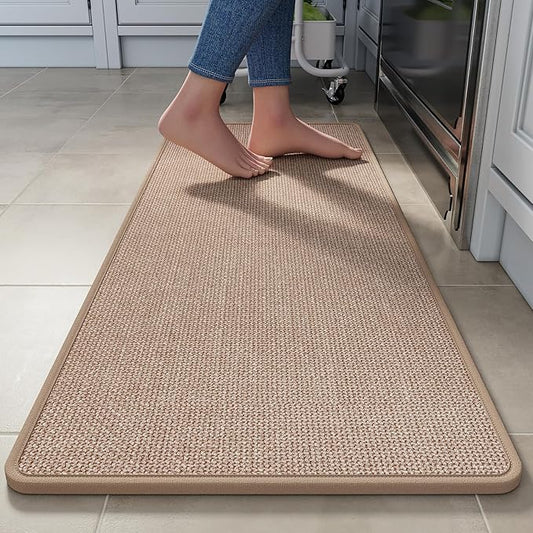 YDKGL Kitchen Rugs Mat Non Slip Washable, Linen-Look 0.3" Thick Soft Cushioned Absorbent Kitchen Mats for Floor, Mild Anti-Fatigue Runner Rug Sink Mat Laundry Standing Mats, Easy Clean, Brown 17"x47"