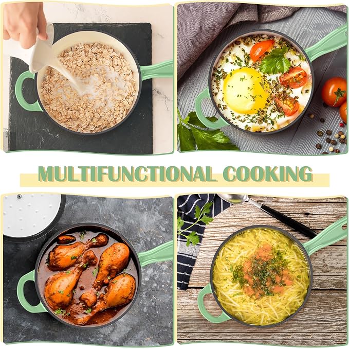 E-far Enameled Cast Iron Sauce Pan, 2 Quart Dutch Oven Saucepan with Lid, Small Sauce Pot for Cooking, Boiling, Healthy & Non Toxic, Induction & Oven Safe, Pistachio Green