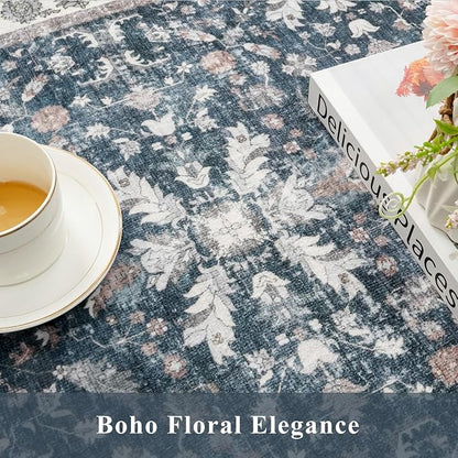 Washable Hallway Runner Rug 2x10: Non Slip Vintage Boho Carpet with Rubber Backing for Kitchen Entryway Hall Holiday Farmhouse Neutral Cream Long Runners (Blue,2'x10')