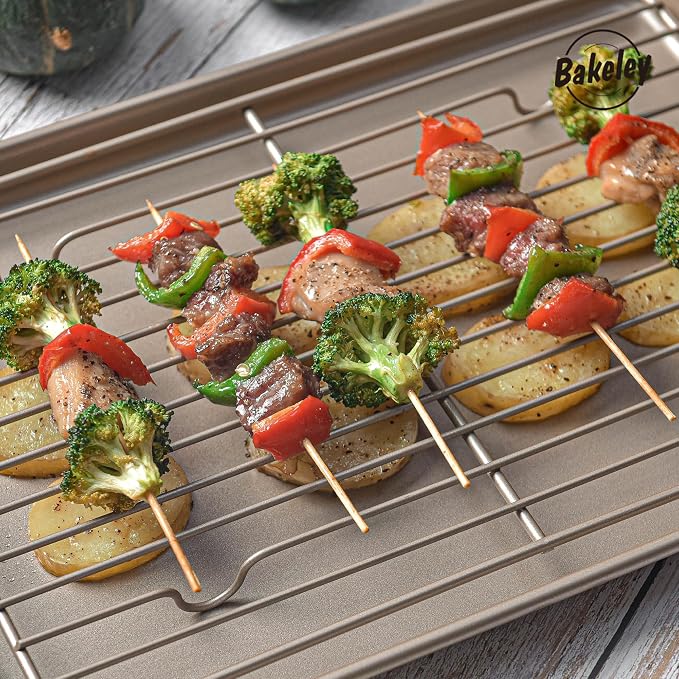 13-inch Baking Sheet Pan with Rack, Non-Stick Rectangular Shallow Dish Sheet Pan with Wire Rack for Oven Baking, BBQ, Jelly Roll and Roasting 13.5" x 9.6" x 1" (Champagne Gold)
