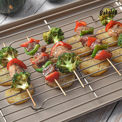 13-inch Baking Sheet Pan with Rack, Non-Stick Rectangular Shallow Dish Sheet Pan with Wire Rack for Oven Baking, BBQ, Jelly Roll and Roasting 13.5" x 9.6" x 1" (Champagne Gold)