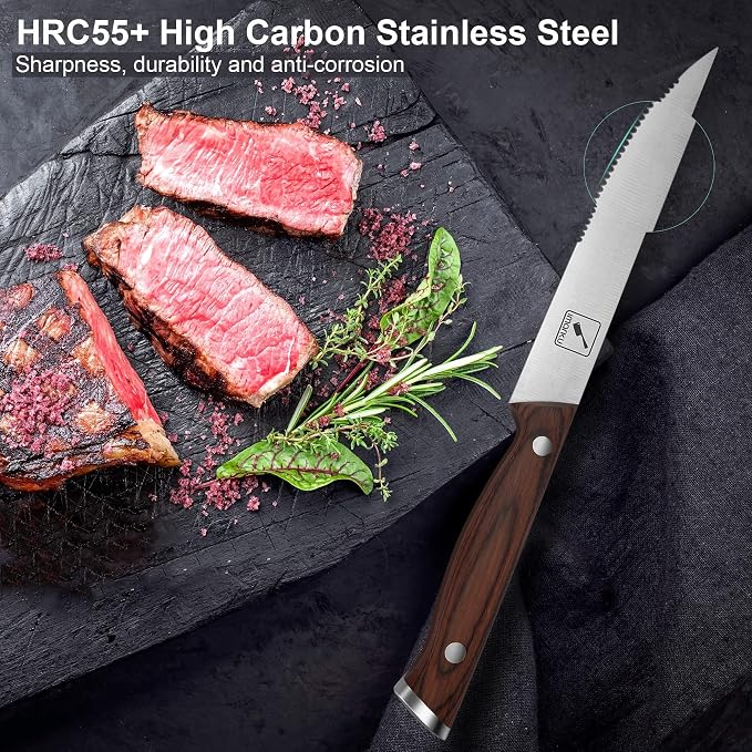 imarku 9" Steak Knife Set of 6, Japanese High Carbon Stainless Steel, Serrated Edge Glides Through Steak, No Sharpening, For 6 Guests, Complements Any Table