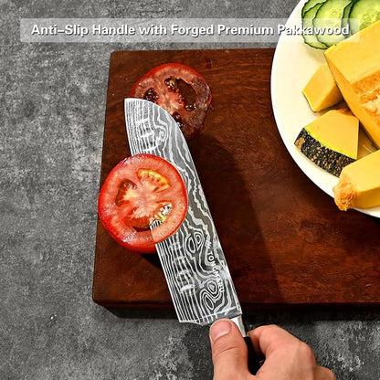 Santoku Knife, 7 inch Professional High Carbon Razor Super Sharp German Stainless Steel - Japanese Chef Kitchen Knife with Ergonomic Forged PakkaWood Handle, with Luxury Gift Box, for Family