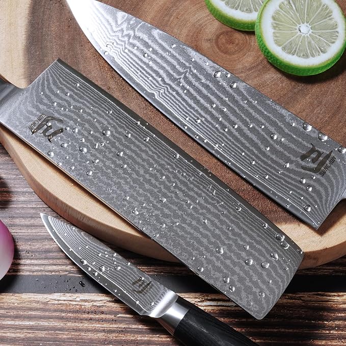 SUNCHUN 3-Piece VG-10 Damascus Kitchen Knife Set with Double-Sided Sharpening Stone – Nakiri, Chef & Paring Knives, 67-Layer Tsunami Wave Pattern, Black Pakka Wood Handles, 60±2 HRC (3-Piece-Set)