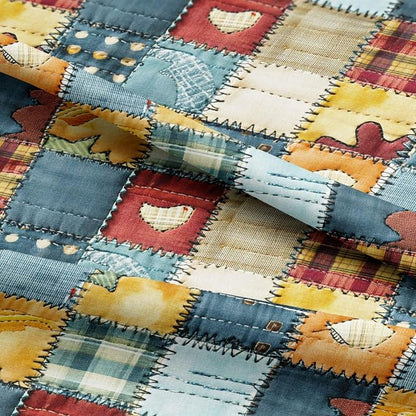 Patchwork Cotton Fabric Panel 61 x 36.6 Inches, Rustic Quilt Style Squares with Heart Motifs, Multicolor Vintage Design, 100% Cotton 140 GSM