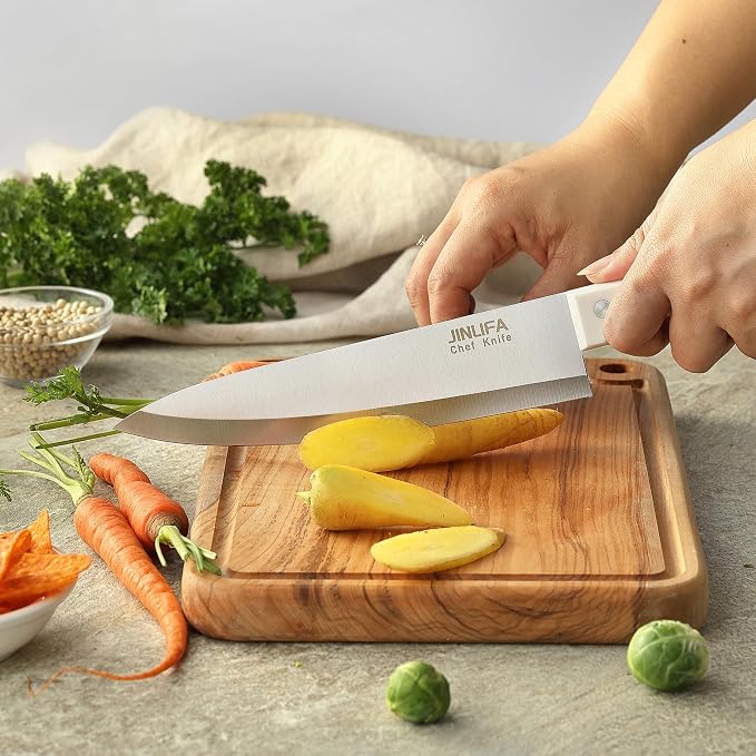 8 inch Chef Knife, Stainless Steel Kitchen Knife with Protective Knife Sheath, Ultra Sharp Slicing Knife with Ergonomic Handle, German Stainless Steel, Dishwasher Safe (White Color)