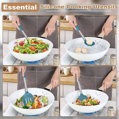 LIANYU Silicone Kitchen Cooking Utensils Set, 4Pcs Heat Resistant Kitchen Tools Spatula for Nonstick Cookware, Slotted Turner, Spoon, Soup Ladle, Pasta Server, Skimmer, Tongs, Blue