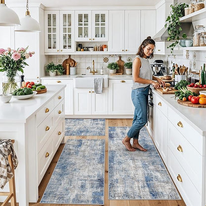 Kitchen Mats for Floor 3 Piece Set, Washable Non-Slip Farmhouse Kitchen Rugs for Hardwood Floor, Rustic Floral Boho Runner Rug for Sink,Entryway & Hallway & Bathroom (Blue/Grey/Ivory,2x3+2x4+2x5)