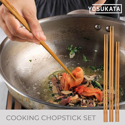 YOSUKATA Reusable Natural Wooden Long Cooking Chopsticks Set of 3 pairs: 11.8 inch, 13-inch, 14.2 inch Brown Long Wok Wooden Chopsticks Reusable | 11.8 inch, 13-inch, 14.2 inch Brown Long Wok Wooden Chopsticks Reusable