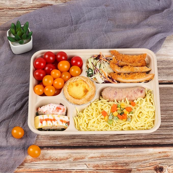 40 oz 5 Compartments disposable Sugarcane Fiber plates with Lids Bagasse Plant Fibers Freezer Safe 25 Pack