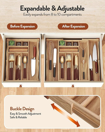 Orimade Oak Expandable Silverware Drawer Organizer, Adjustable Kitchen Utensil Holder & Cutlery Tray Drawer Dividers for Flatware (10 Slot), Large