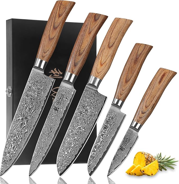 Wakoli EDIB Pro 5-Piece Damascus Knife Set – Professional Chef Knives Set with VG10 Core Blades, 67-Layer Damascus Steel and Ergonomic Pakkawood Handles – Premium Kitchen Knives in Wooden Gift Box
