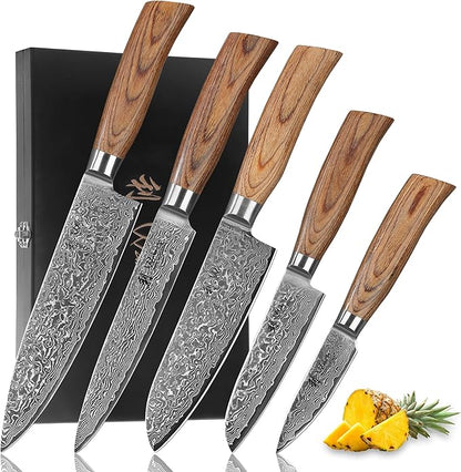 Wakoli EDIB Pro 5-Piece Damascus Knife Set – Professional Chef Knives Set with VG10 Core Blades, 67-Layer Damascus Steel and Ergonomic Pakkawood Handles – Premium Kitchen Knives in Wooden Gift Box