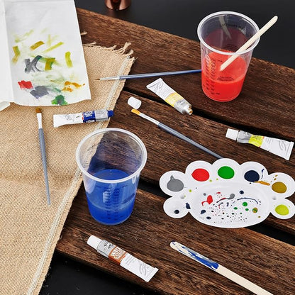 100 PACK Plastic Measuring Cups, 10 oz Disposable Mixing Cups with 100 Wooden Mixing Sticks, Can Be Used for Epoxy Resin, Liquid Measuring, Paint, Cooking and Baking