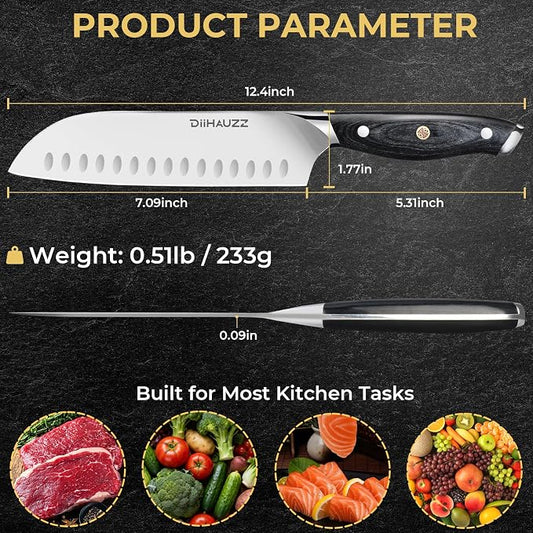 DiiHAUZZ Chef Knife, 7 Inch Ultra Sharp Japanese Santoku Knife, High Carbon Steel Forged Professional Kitchen Knife with Full Tang Triple-Riveted Ergonomic Handle for Slicing, Chopping, Dicing