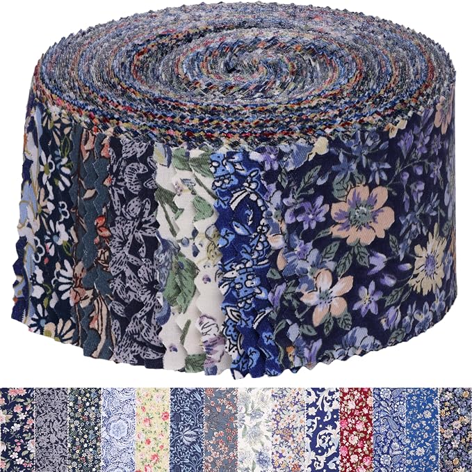 Nodsaw Jelly Roll Fabric Strips for Quilting, Crafting, and Sewing, 42 Strip 2.5" x 44" Floral Paisley Print Soft Cotton Fabric for Blanket, Rug, Upholstery, Home Decor, and DIY Crafts - Dark Blue