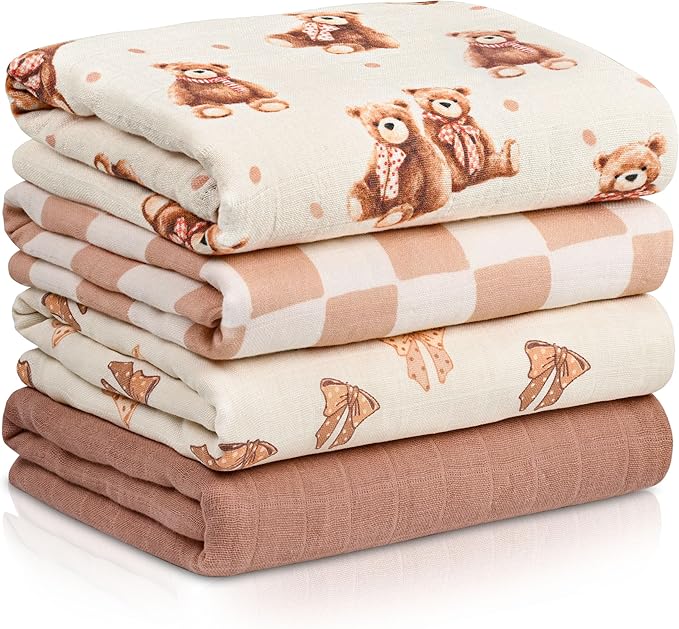 4-Pack Muslin Swaddle Blankets for Newborns | 100% Cotton Breathable Soft Muslin, Large 31.5"x43.3" | Multi-Use Stroller Sunshade Nursing Cover & Receiving Blanket, Bear Checkered