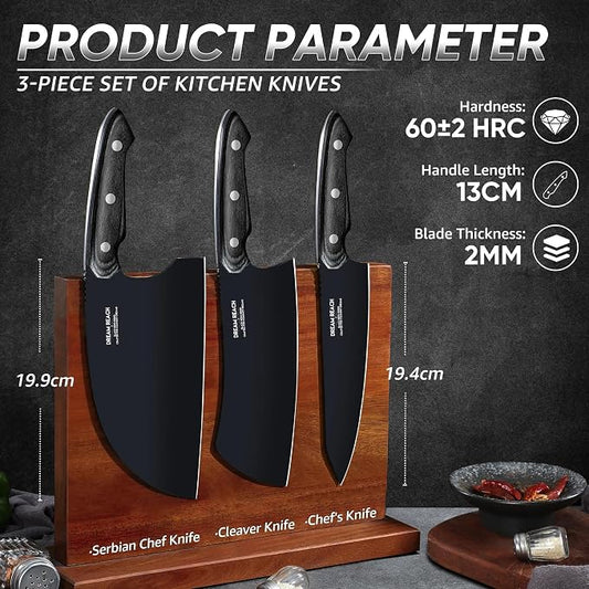 Dream Reach Butcher Knife Set - 3PCS Black Cleaver Knives Kit for Meat Cutting BBQ Outdoor Hand Forged Serbian Chef Cleaver for Mother Father Gift Idea