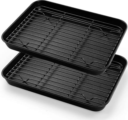 E-far Toaster Oven Baking Sheet with Rack Set, 10.5 x 8 x 1 Inch Cookie Sheet Baking Pans with Cooling Racks, Warp Resistant & Heavy-Duty, Nonstick & Easy Clean (2 Pans + 2 Racks)