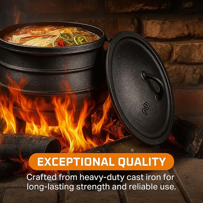 Bruntmor 8-Quart Pre-Seasoned Cast Iron Cauldron - African Potjie Pot with Lid - 3-Legged Pot for Even Heat Distribution - Outdoor Cast Iron Dutch Oven Cookware for Campfire Cooking and Boiling