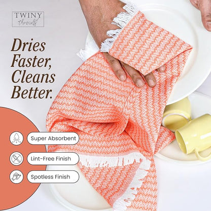 TWINY threads Kitchen Dish Towel Chevron Design, Premium Large 100% Cotton Kitchen Linen Set, Dish Rags for Drying Dishes, Absorbent Quick Drying Wash Rags, Pack of 12, 16 x 26 Inch, Orange