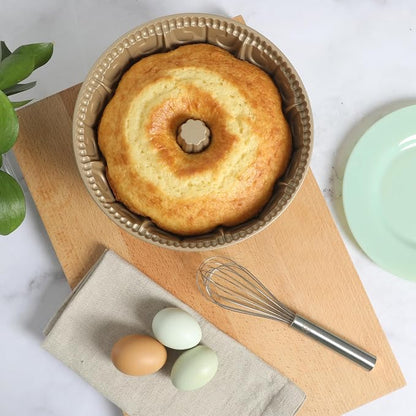 Martha Stewart Dunelle Decorative Fluted Cast Aluminun Round Cake Pan – 10-Cup Nonstick Tube Pan, Champagne Gold Bakeware