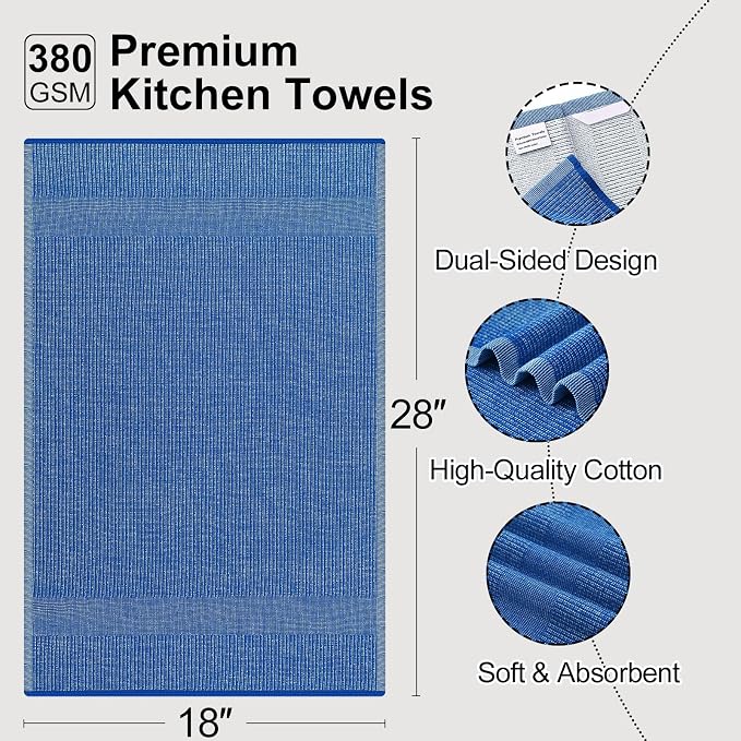 Mordimy Premium Kitchen Towels 8 Pack (18 x 28 Inches, Blueberry), Large Cotton Kitchen Hand Towel, Flat & Terry Dish Towels for Drying Dishes, Super Absorbent Tea Dishtowels Set with Hanging Loop